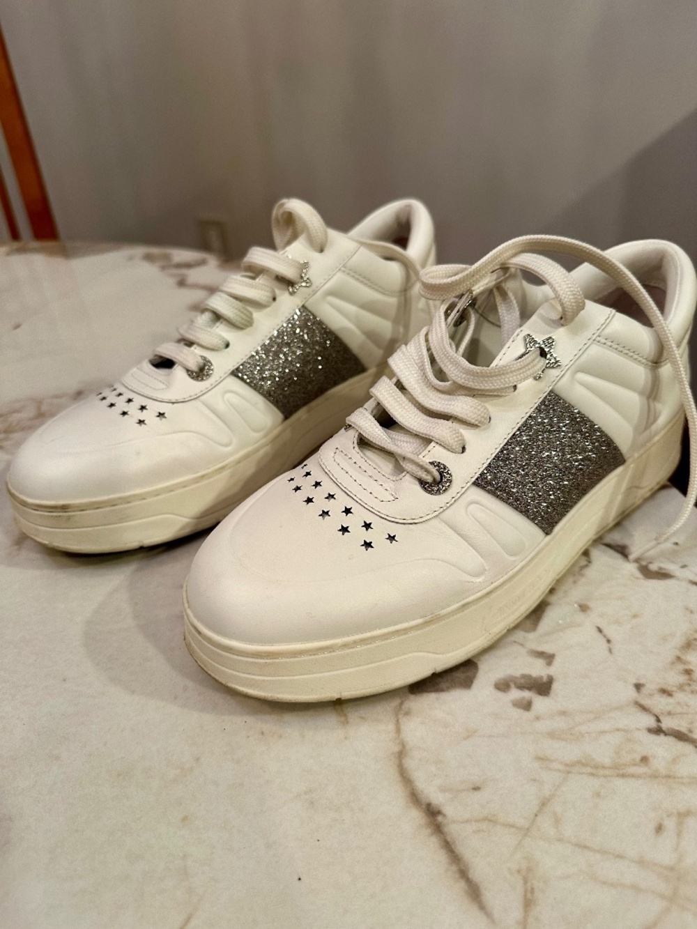 Jimmy Choo white sneakers with silver glitter panels and black star US 9.5 #luxu